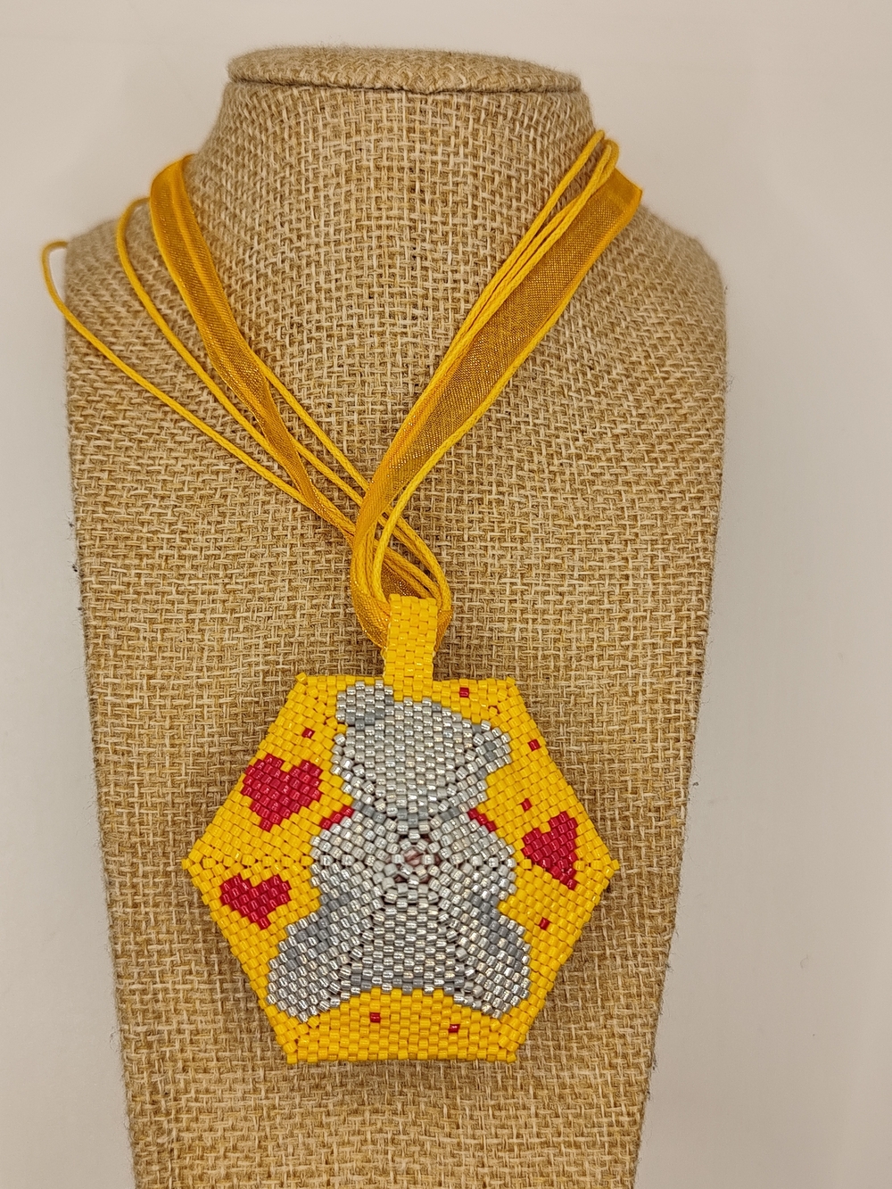 Handmade Beaded  Bear Pendant in Yellow & Red - Picture 10 of 13